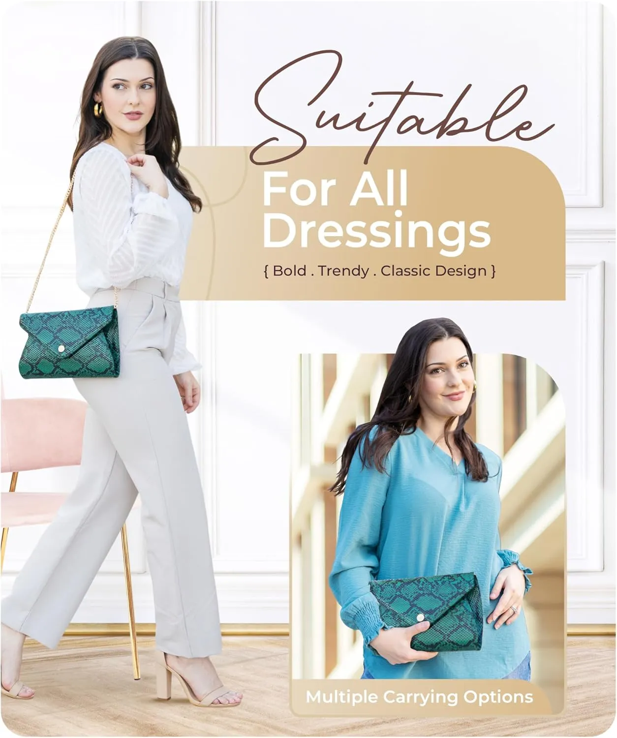 Claasico Evening Clutch Purses For Women - Elegant Envelope Clutch RFID Bag with Detachable Chain
