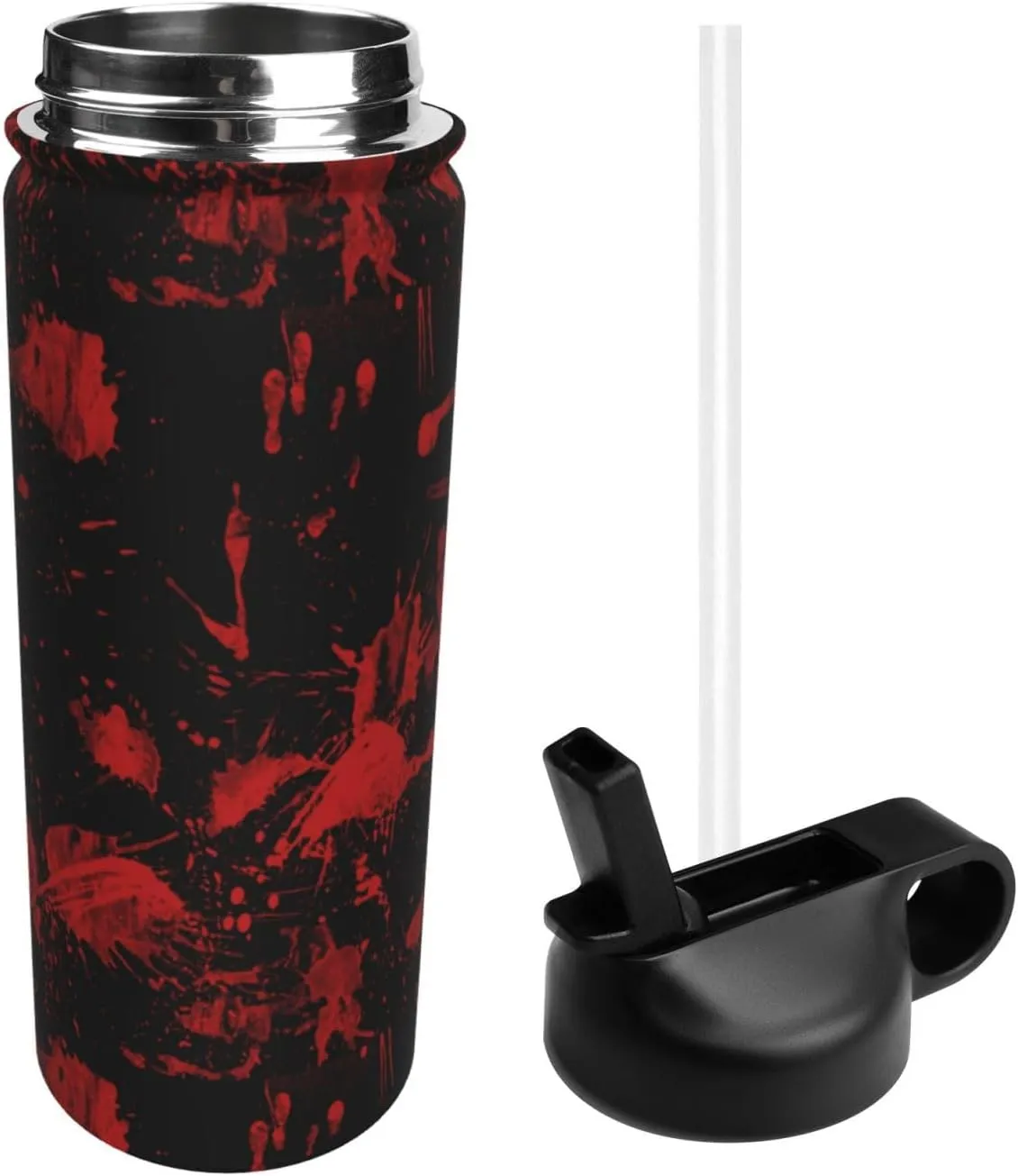 Classic Horror Blood Splatter Black Red 18oz Sports Insulated Kettle With Straw, Leak Proof Gym Bottle -Ideal Gift for Fitness Sports & Outdoors