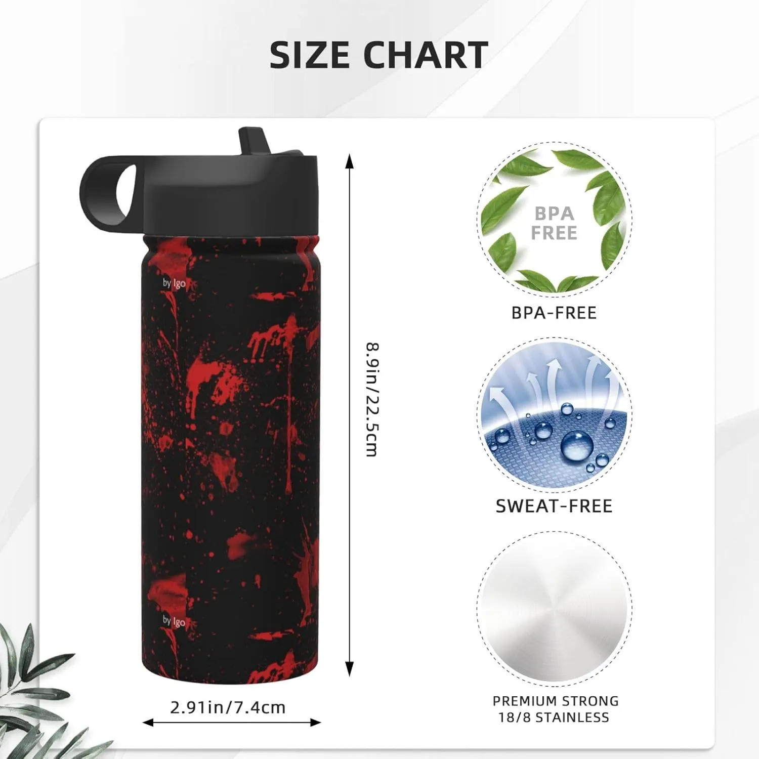 Classic Horror Blood Splatter Black Red 18oz Sports Insulated Kettle With Straw, Leak Proof Gym Bottle -Ideal Gift for Fitness Sports & Outdoors