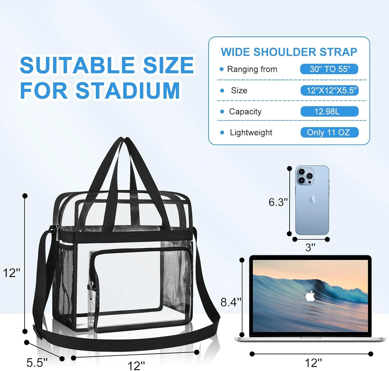 Clear Bag for Stadium Events 12x12x6, Clear Bag Clear Tote Bag with Reinforced Straps for Sporting Events Travel
