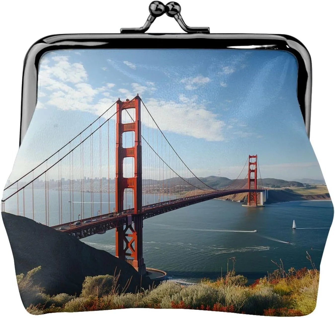 Coin Purse,Small Pu Leather Change Purse, San Francisco Golden Gate Bridge Printed Kiss-Lock Coin Purse Wallet With Clasp