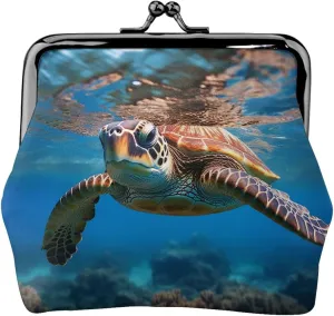 Coin Purse,Small Pu Leather Change Purse, Sea Turtle In Ocean Water Printed Kiss-Lock Coin Purse Wallet With Clasp, Black, svht6h5