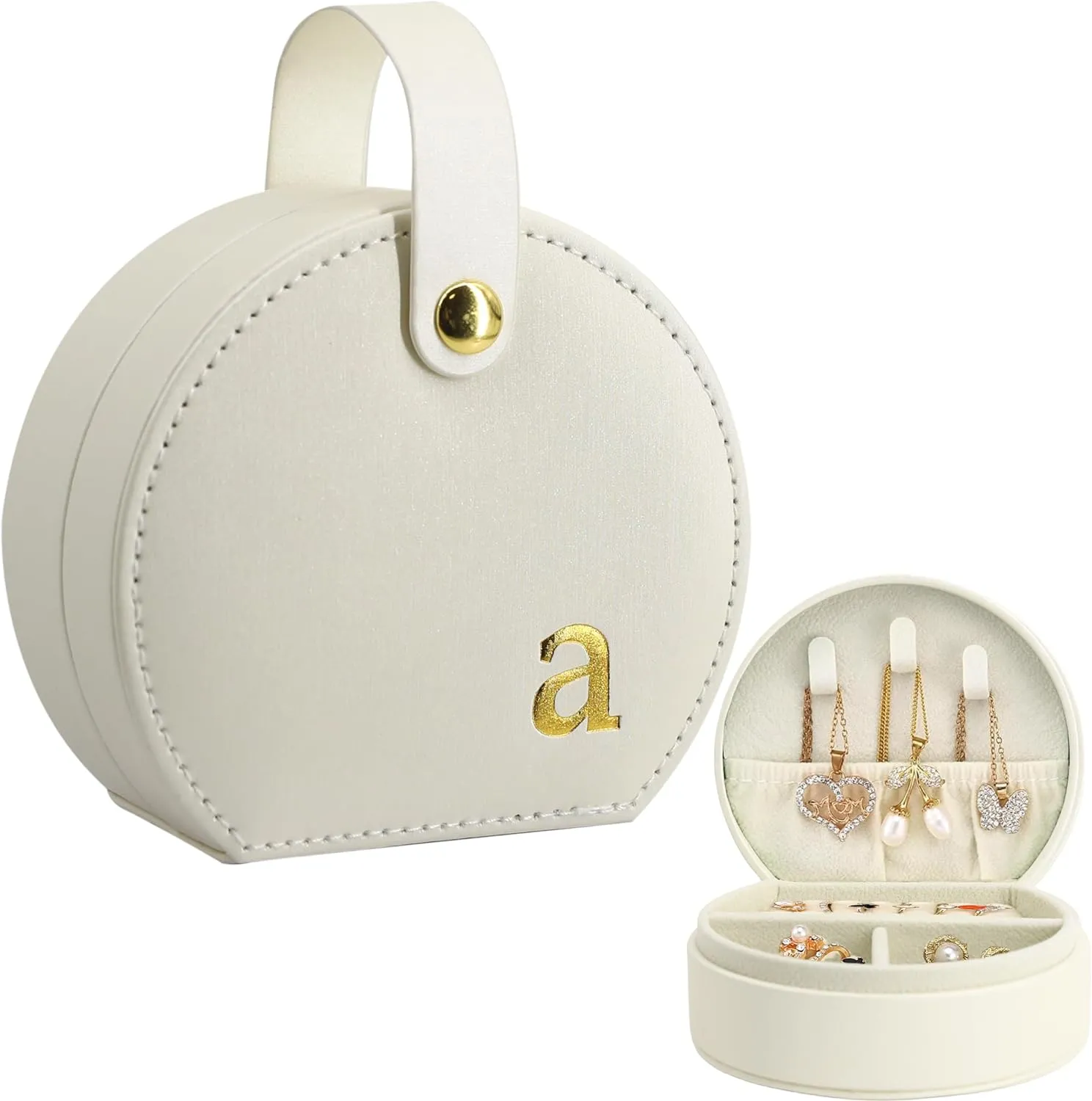COLLECTIVE HOME - Travel Jewelry Case, Elegant Half-Moon Design with Gold Monogram, Detachable Handle, Personalized Accessory Organizer, Gift for Fashion-Forward Women and Teens (a)