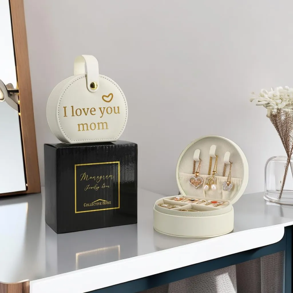 COLLECTIVE HOME - Travel Jewelry Case, Elegant Half-Moon Design with Heartfelt Message, Detachable Handle, Personalized Mother's Day Gift, Cherishing Special Moments (I love you mom)