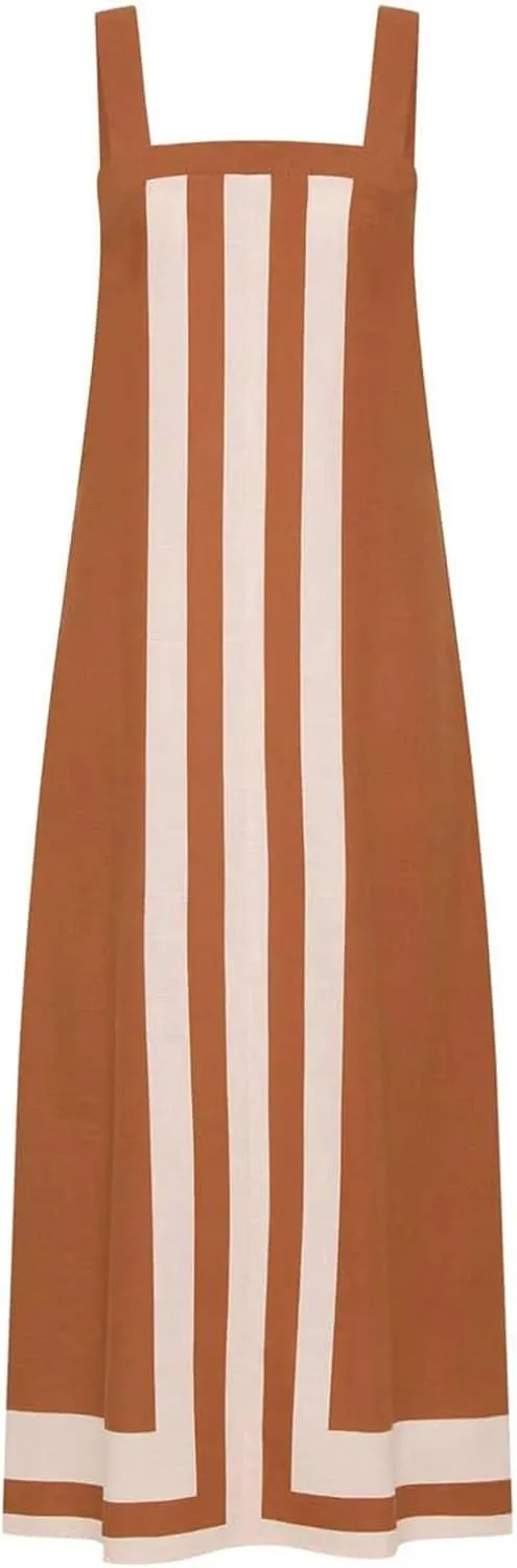 Color Block Dress for Women Sleeveless Boho Shoulder Strap Striped Flowy Beach Casual Summer Cover Up Maxi Long Dress