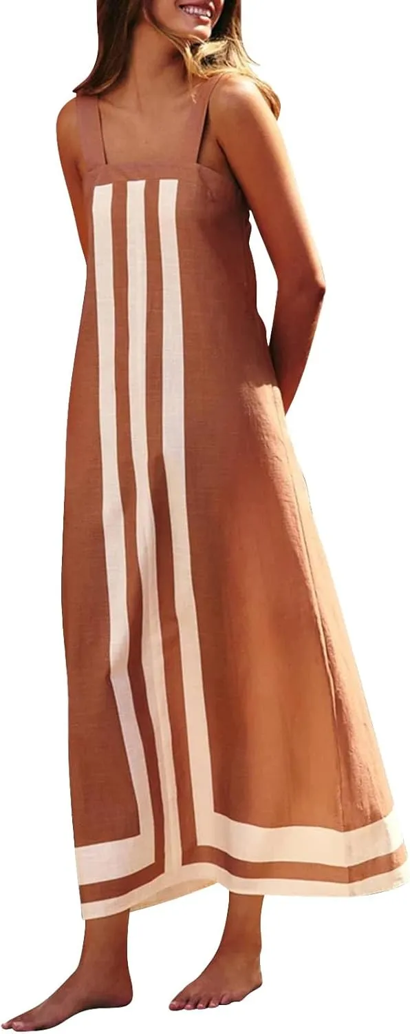 Color Block Dress for Women Sleeveless Boho Shoulder Strap Striped Flowy Beach Casual Summer Cover Up Maxi Long Dress