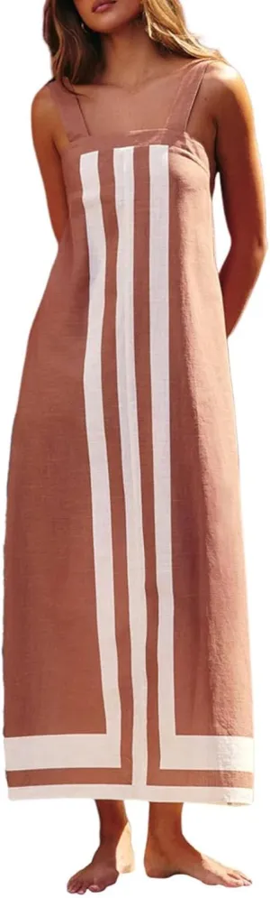 Color Block Dress for Women Sleeveless Boho Shoulder Strap Striped Flowy Beach Casual Summer Cover Up Maxi Long Dress
