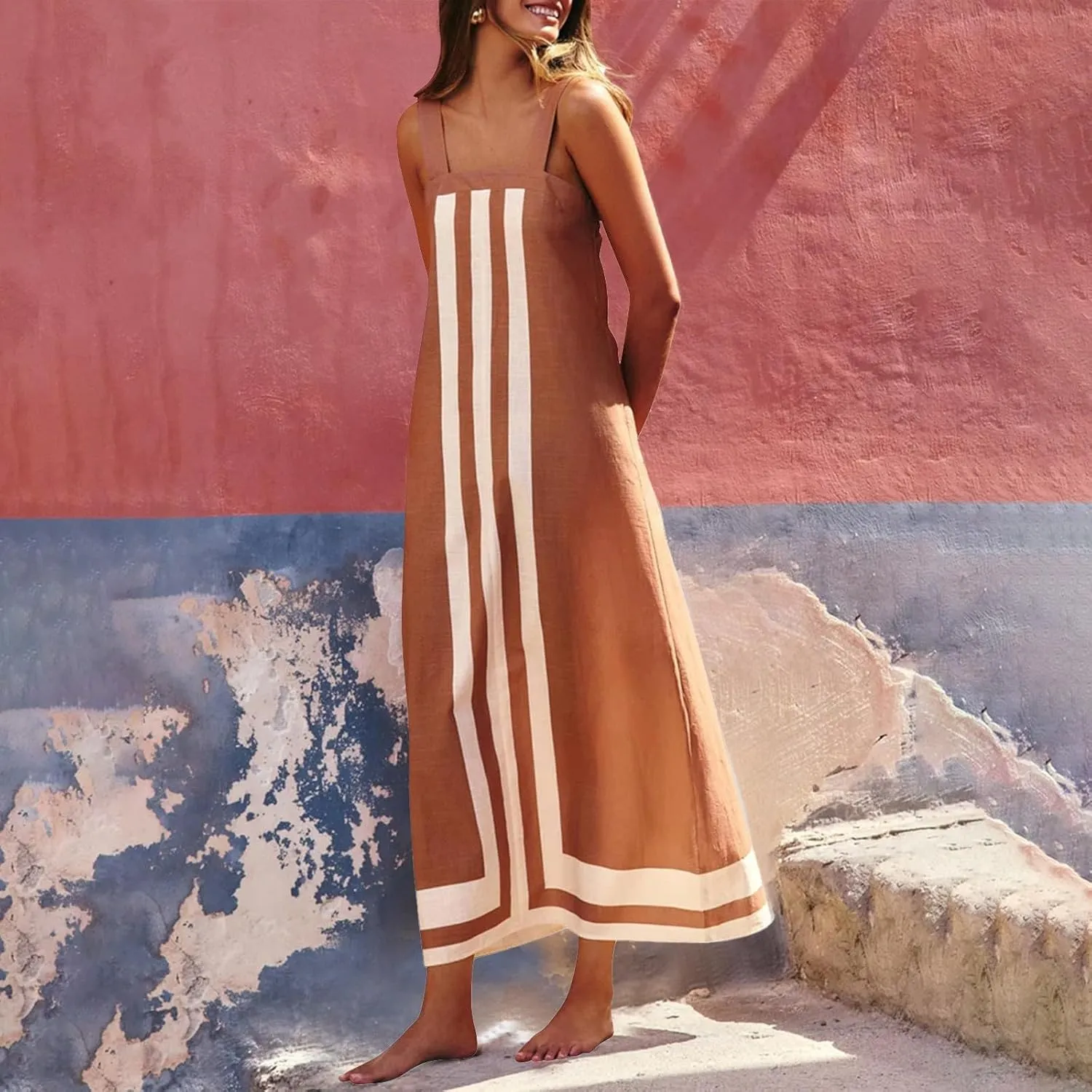Color Block Dress for Women Sleeveless Boho Shoulder Strap Striped Flowy Beach Casual Summer Cover Up Maxi Long Dress