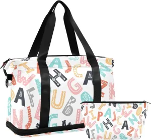Color Cartoon Letter Duffel Bags Large Carry On Bag with Adjustable Strap for Airplane Traveling Multifunctional