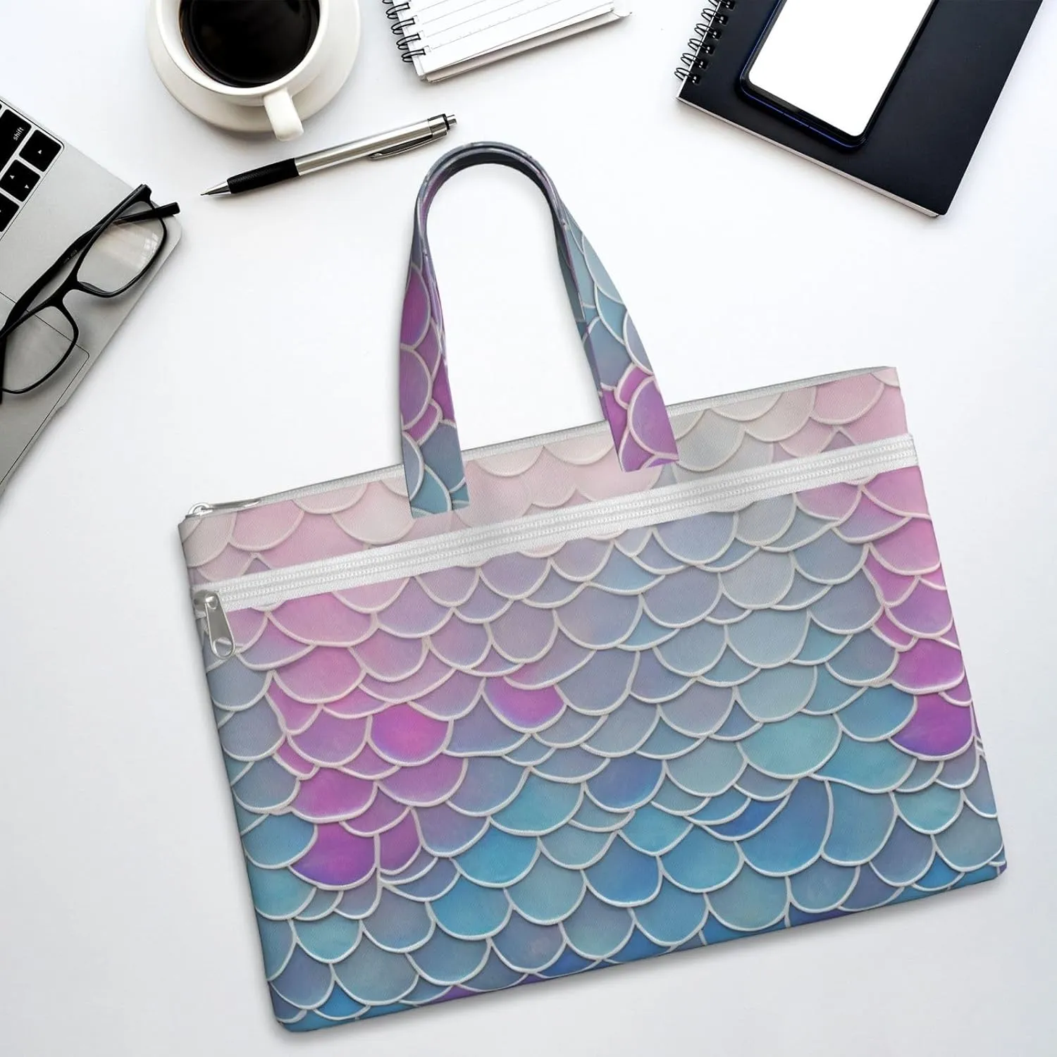 Colorful Mermaid Scale Canvas Document Bag A4 File Organizer for School Supplies and Study