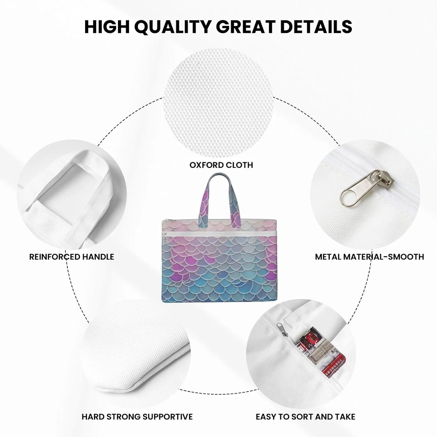 Colorful Mermaid Scale Canvas Document Bag A4 File Organizer for School Supplies and Study