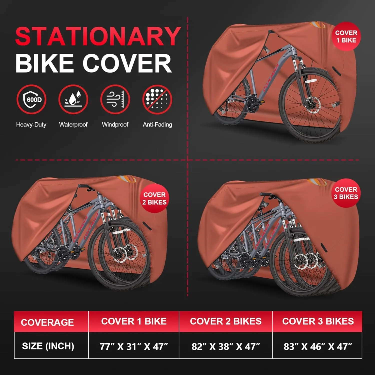 Comnova Bike Cover for 2 Bikes - Outdoor Bike Covers for Stationary 2 Bikes Waterproof & Heavy Duty, 600D Bicycle Covers for 2 eBike, Mountain Bike, Road Bike, Hybrid Bike, Beach Cruiser Bike Storage