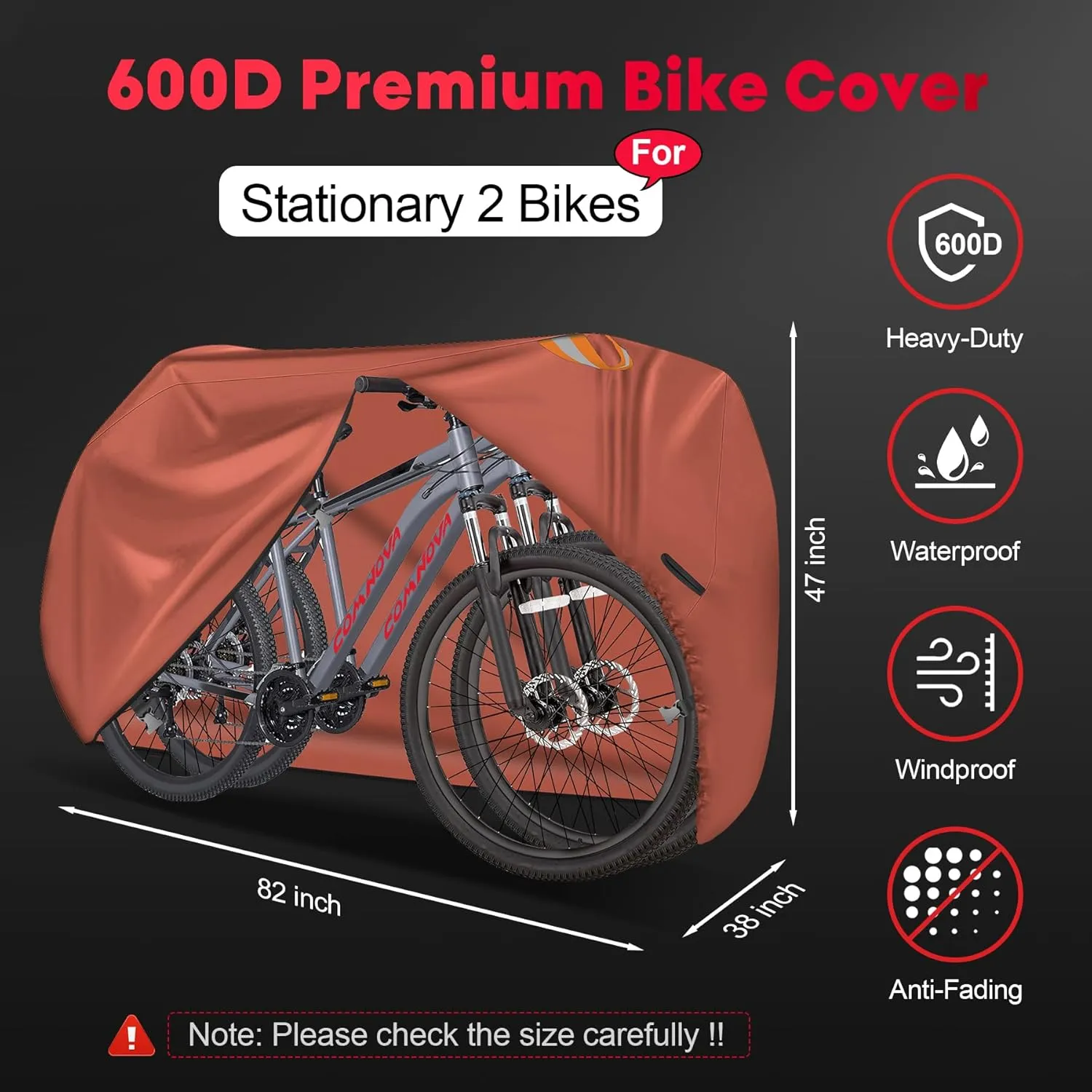 Comnova Bike Cover for 2 Bikes - Outdoor Bike Covers for Stationary 2 Bikes Waterproof & Heavy Duty, 600D Bicycle Covers for 2 eBike, Mountain Bike, Road Bike, Hybrid Bike, Beach Cruiser Bike Storage