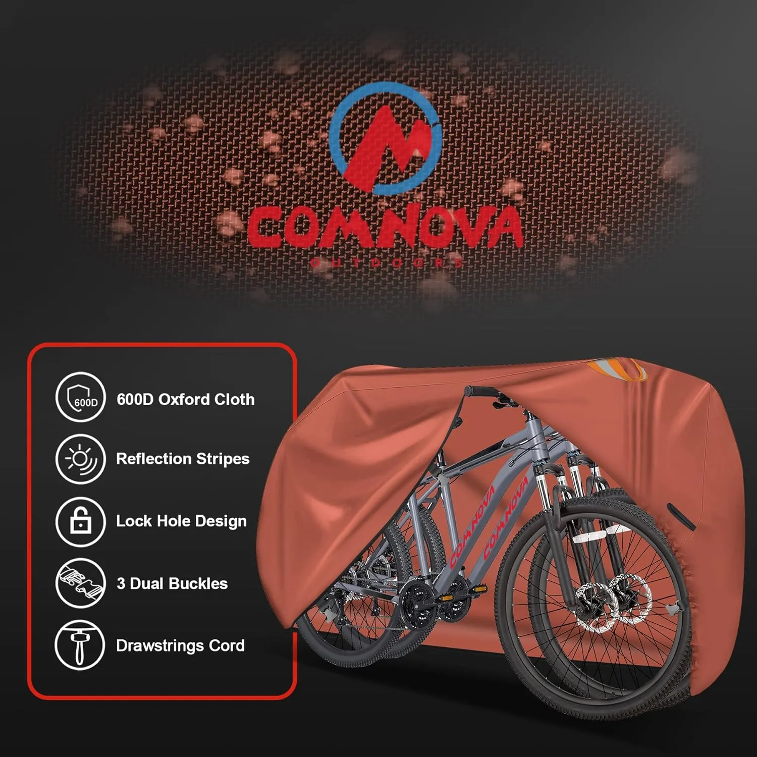 Comnova Bike Cover for 2 Bikes - Outdoor Bike Covers for Stationary 2 Bikes Waterproof & Heavy Duty, 600D Bicycle Covers for 2 eBike, Mountain Bike, Road Bike, Hybrid Bike, Beach Cruiser Bike Storage