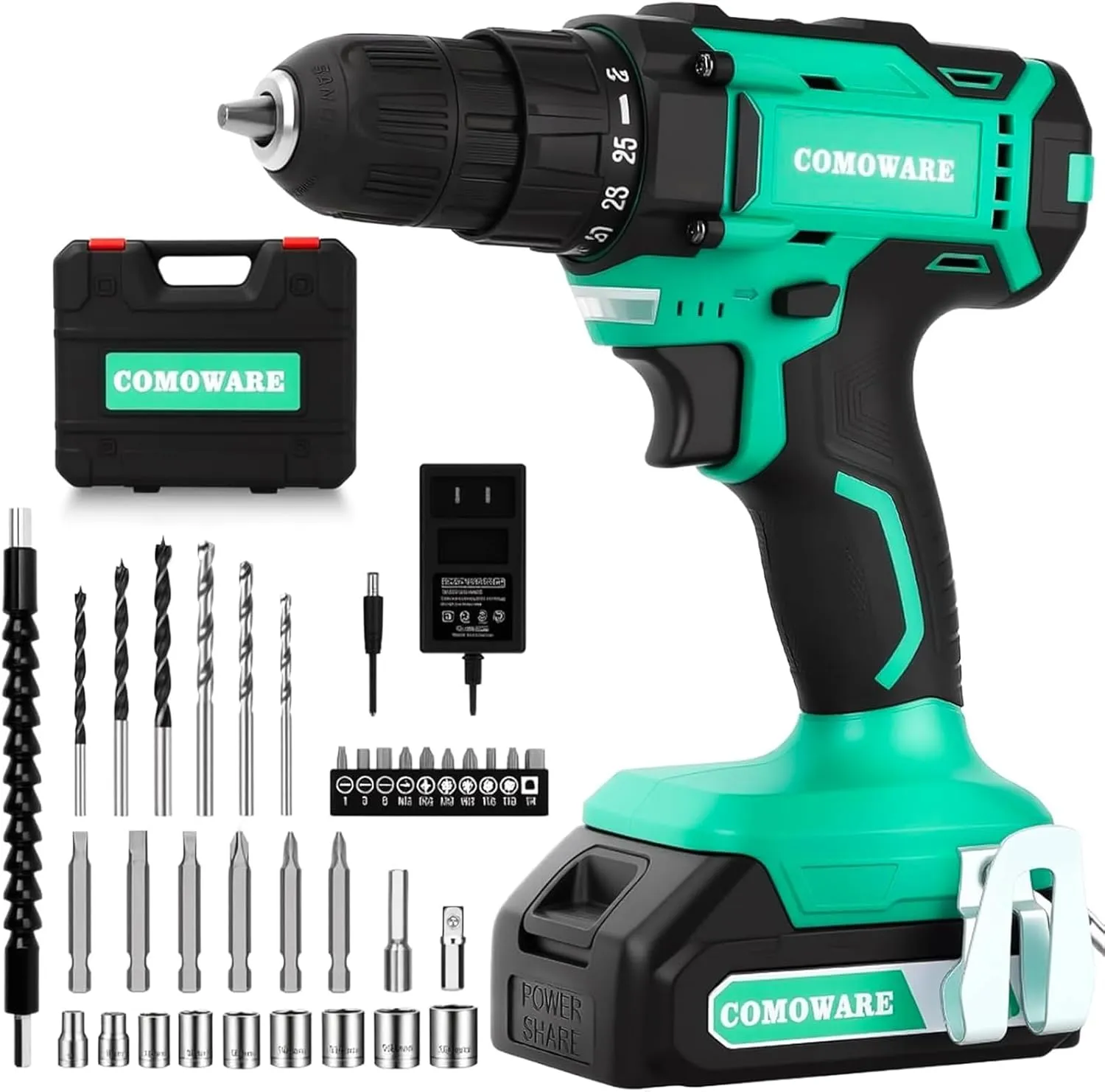 COMOWARE 20V Cordless Drill, Electric Power Drill Set with 1 Battery & Charger, 3/8” Keyless Chuck, 2 Variable Speed, 266 In-lb Torque, 25 1 Position and 34pcs Drill/Driver Bits