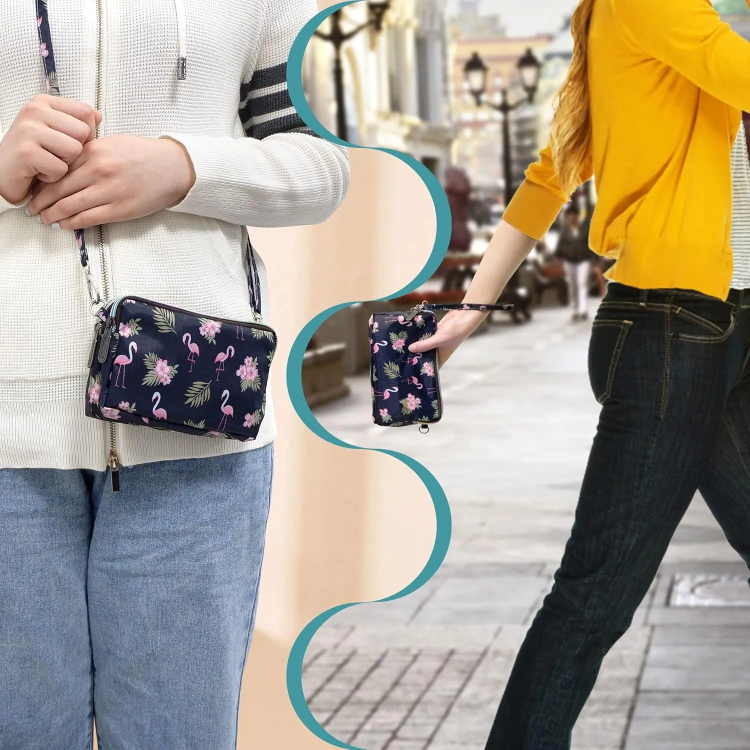 CONISY Large Capacity Wristlet Wallets for Women, Printed Nylon Crossbody Clutch Purse, 3 Zipper Cell Phone Wallet for Ladies