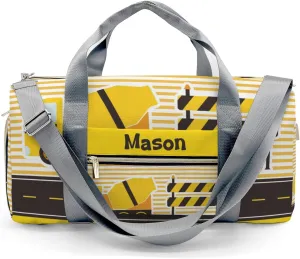 Construction Machinery Striped Personalized Duffel Bag,Custom Travel Gym Bag with Name,Waterproof Sports Overnight Bag with Shoe Compartment & Shoulder Strap