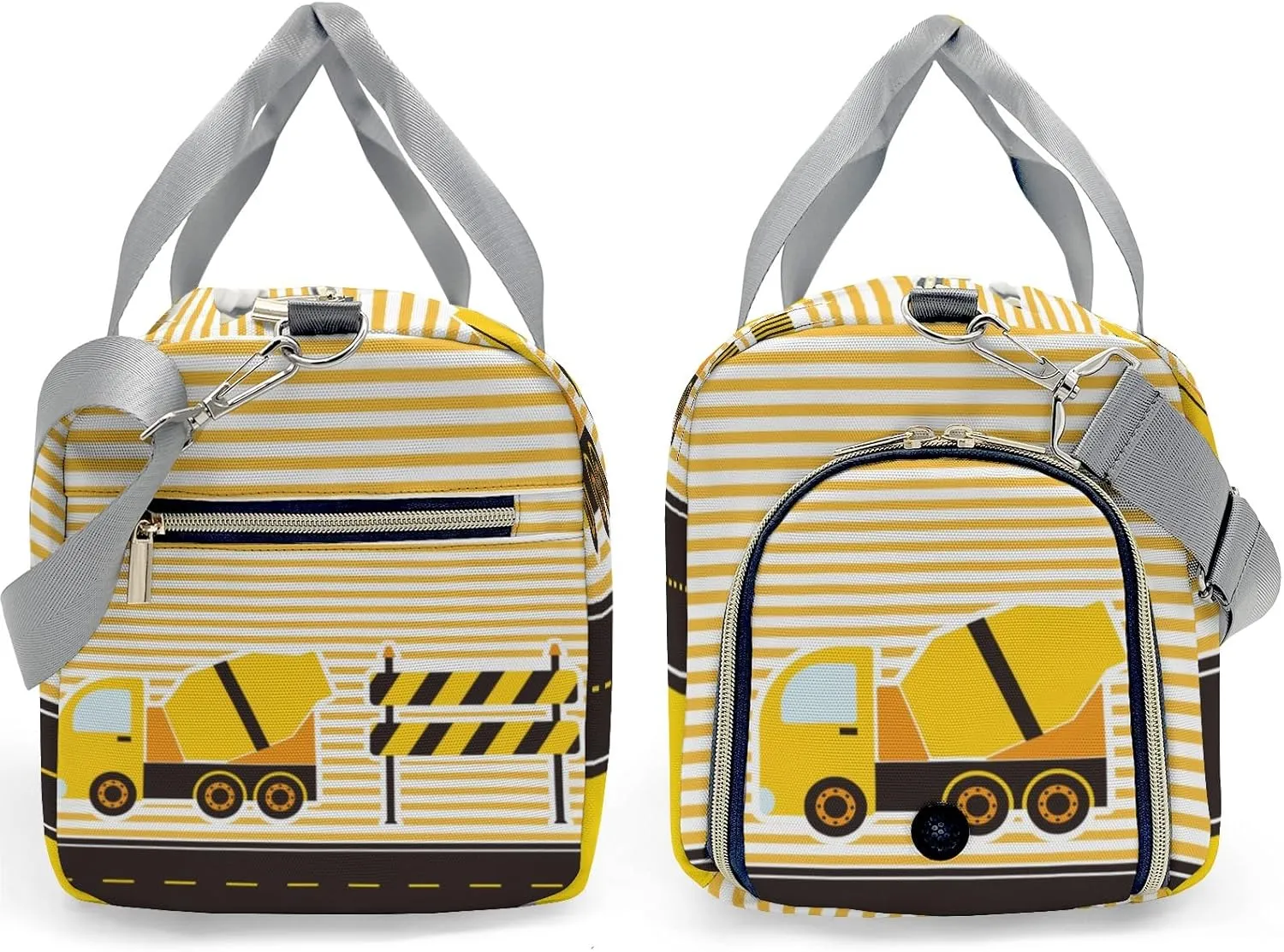 Construction Machinery Striped Personalized Duffel Bag,Custom Travel Gym Bag with Name,Waterproof Sports Overnight Bag with Shoe Compartment & Shoulder Strap
