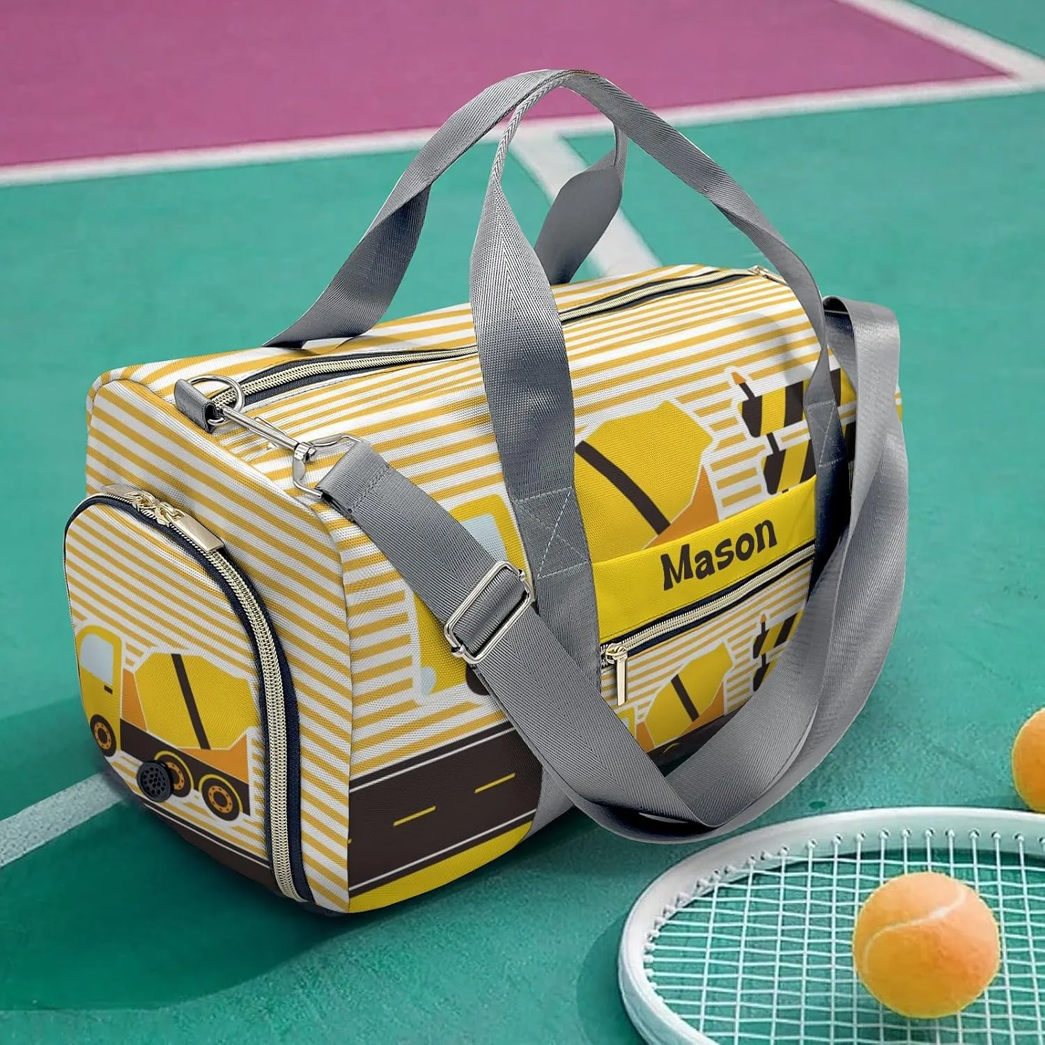 Construction Machinery Striped Personalized Duffel Bag,Custom Travel Gym Bag with Name,Waterproof Sports Overnight Bag with Shoe Compartment & Shoulder Strap