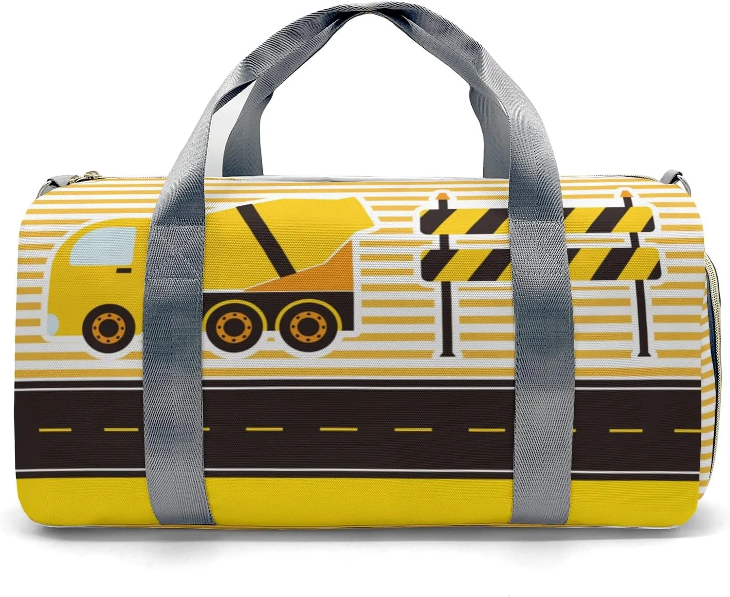 Construction Machinery Striped Personalized Duffel Bag,Custom Travel Gym Bag with Name,Waterproof Sports Overnight Bag with Shoe Compartment & Shoulder Strap