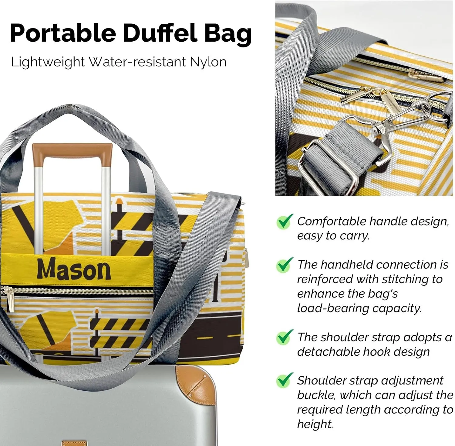 Construction Machinery Striped Personalized Duffel Bag,Custom Travel Gym Bag with Name,Waterproof Sports Overnight Bag with Shoe Compartment & Shoulder Strap