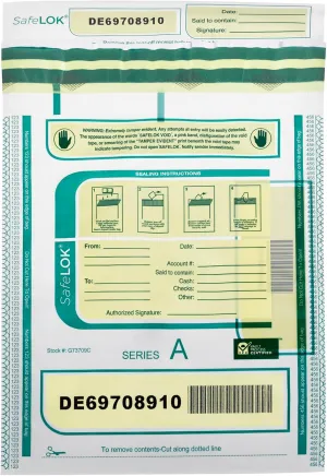 ControlTek SafeLok 9" x 12", Clear, 100 Bags, Tamper-Evident Deposit Bags for Cash Handling & Valuables, Moisture, Heat and Cold Sensitive Ink, Tear-off receipt   Large Barcodes 585087