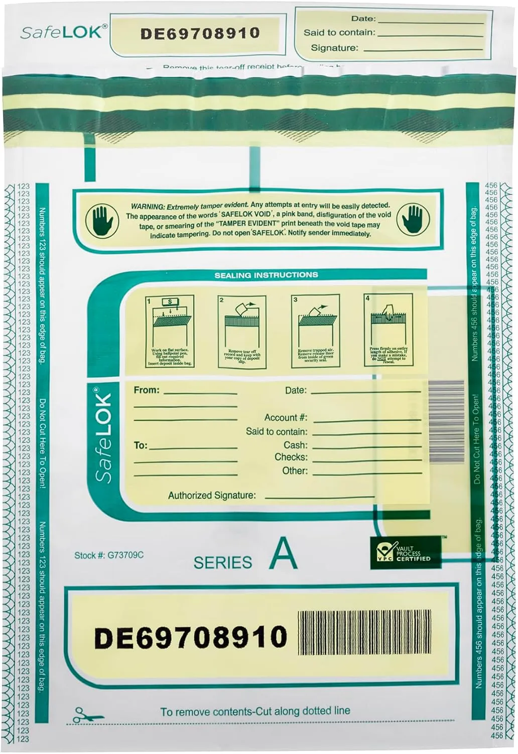 ControlTek SafeLok 9" x 12", Clear, 100 Bags, Tamper-Evident Deposit Bags for Cash Handling & Valuables, Moisture, Heat and Cold Sensitive Ink, Tear-off receipt   Large Barcodes 585087