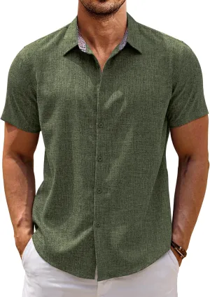 COOFANDY Mens Linen Shirt Casual Short Sleeve Button Down Shirts Summer Beach Vacation Tops