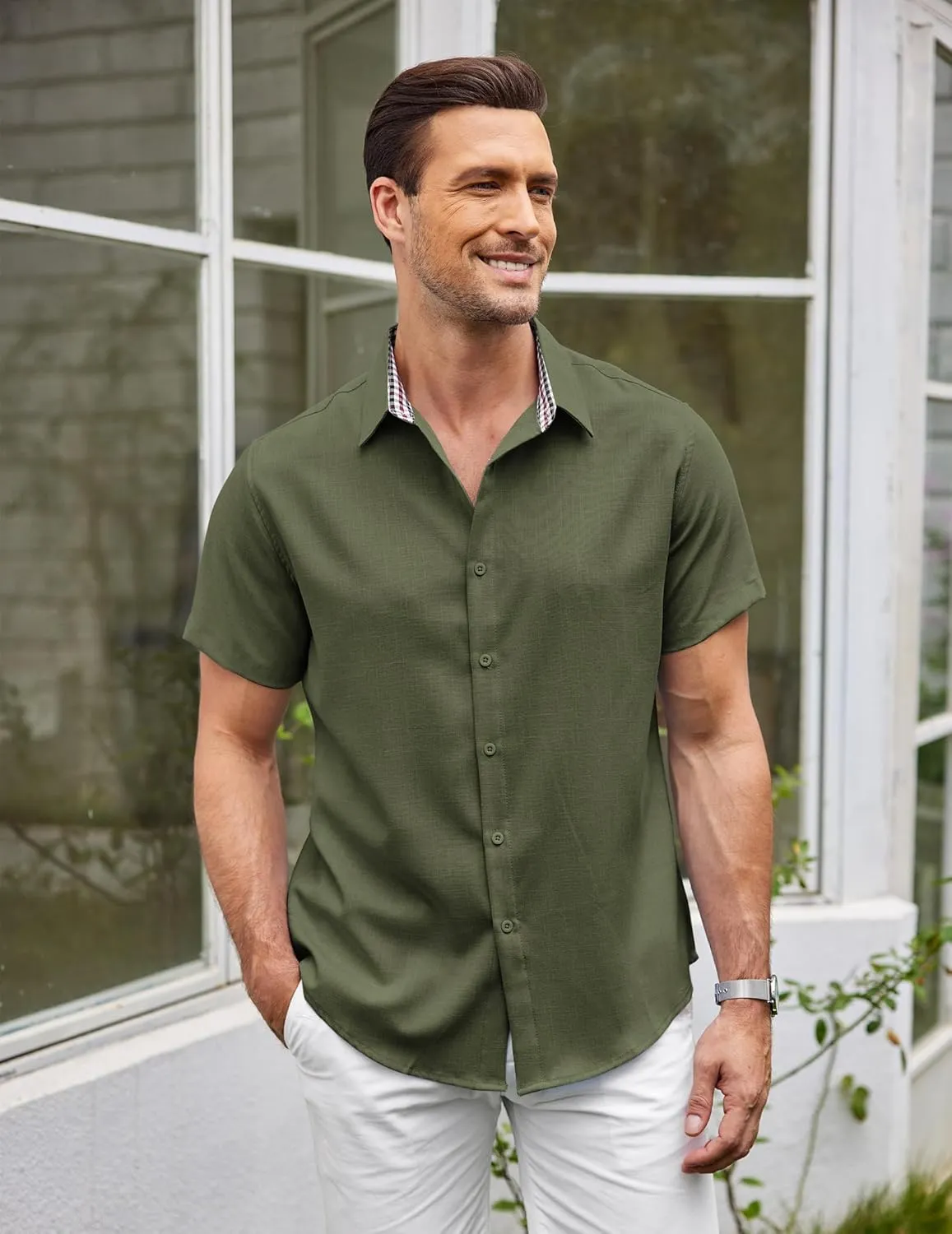 COOFANDY Mens Linen Shirt Casual Short Sleeve Button Down Shirts Summer Beach Vacation Tops