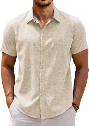 COOFANDY Mens Linen Shirt Short Sleeve Button Down Shirts Casual Plaid Collar Summer Beach Shirts
