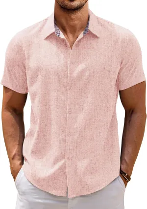 COOFANDY Mens Linen Shirt Short Sleeve Button Down Shirts Casual Plaid Collar Summer Beach Shirts