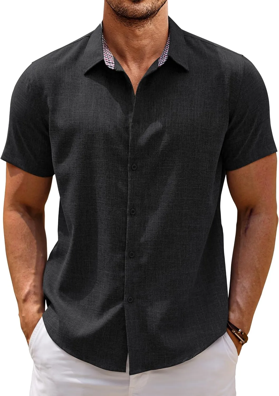 COOFANDY Mens Linen Shirt Short Sleeve Button Down Shirts Casual Plaid Collar Summer Beach Shirts