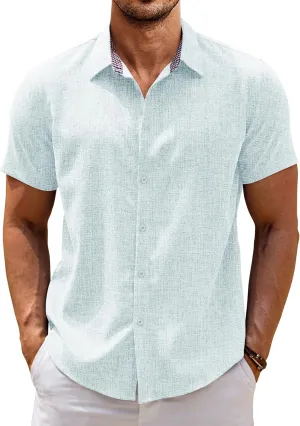 COOFANDY Mens Linen Shirt Short Sleeve Button Down Shirts Casual Plaid Collar Summer Beach Shirts