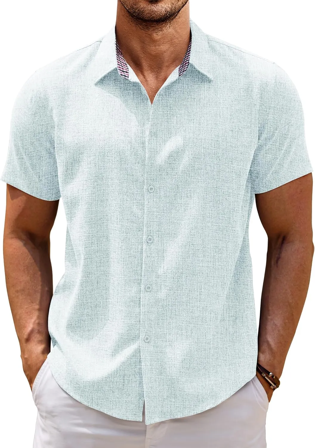 COOFANDY Mens Linen Shirt Short Sleeve Button Down Shirts Casual Plaid Collar Summer Beach Shirts