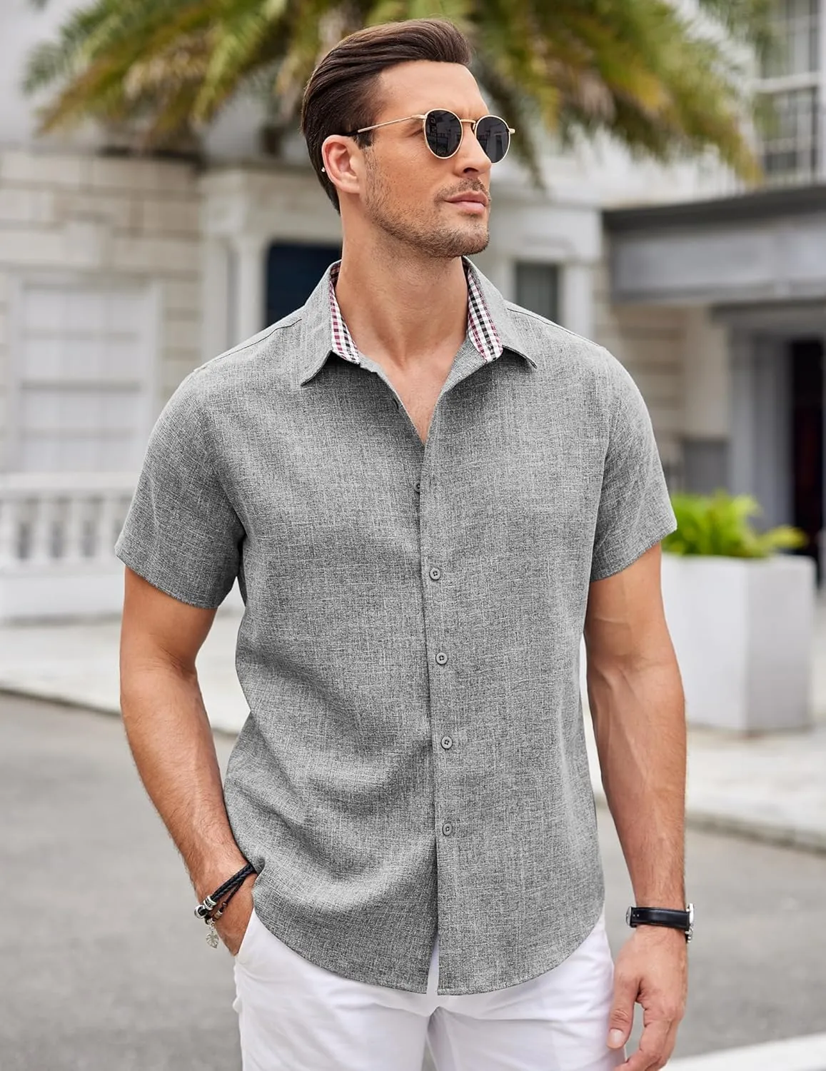 COOFANDY Mens Linen Shirt Short Sleeve Button Down Shirts Casual Plaid Collar Summer Beach Shirts