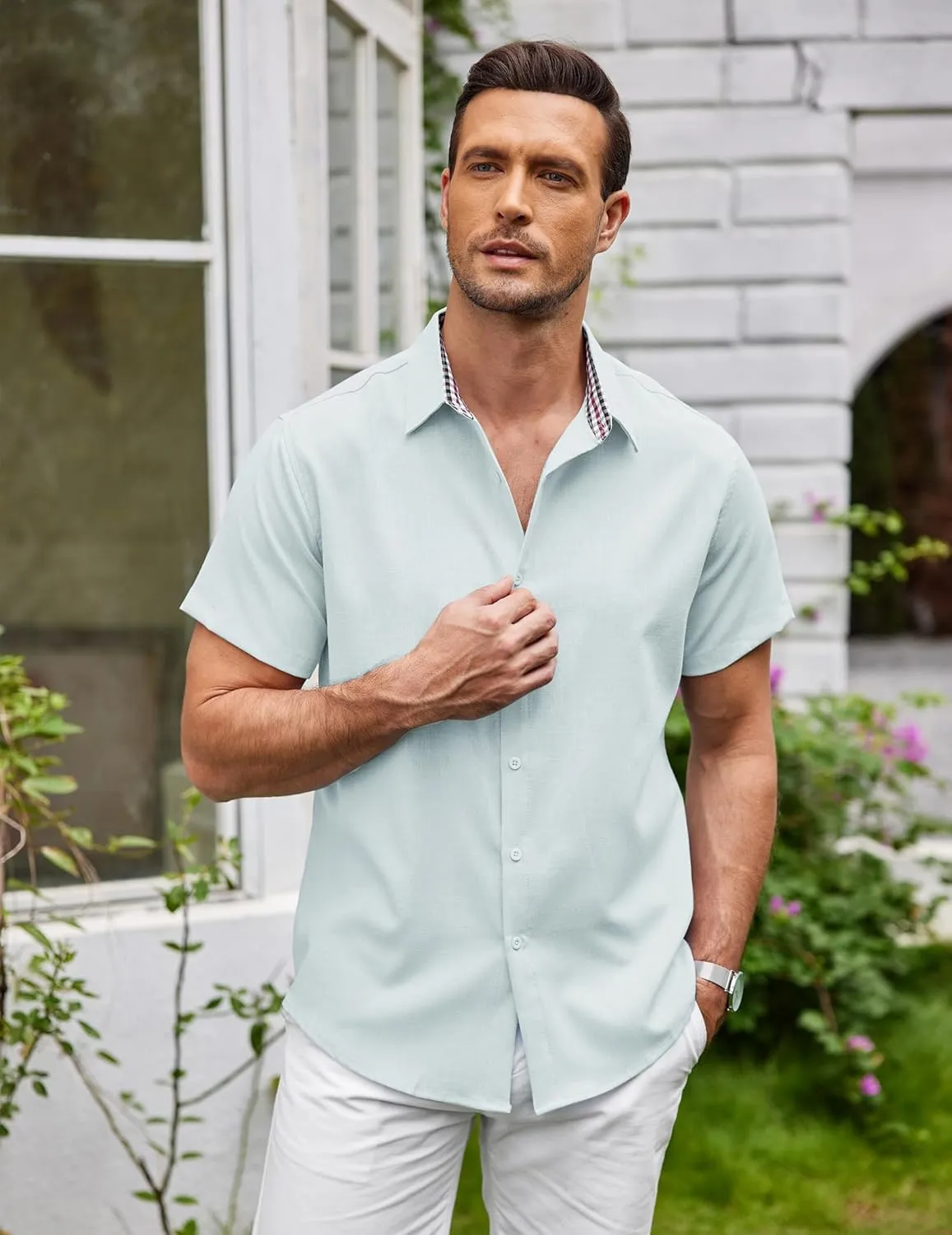 COOFANDY Mens Linen Shirt Short Sleeve Button Down Shirts Casual Plaid Collar Summer Beach Shirts