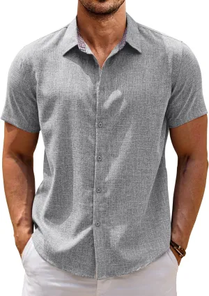 COOFANDY Mens Linen Shirt Short Sleeve Button Down Shirts Casual Plaid Collar Summer Beach Shirts