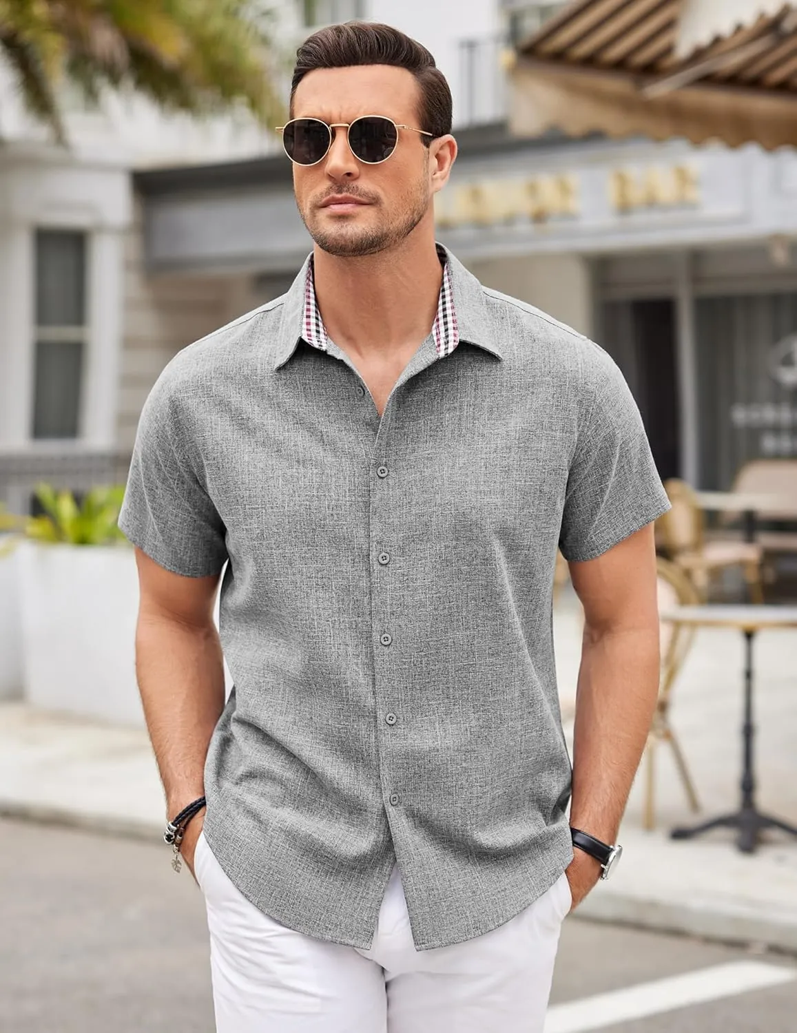 COOFANDY Mens Linen Shirt Short Sleeve Button Down Shirts Casual Plaid Collar Summer Beach Shirts