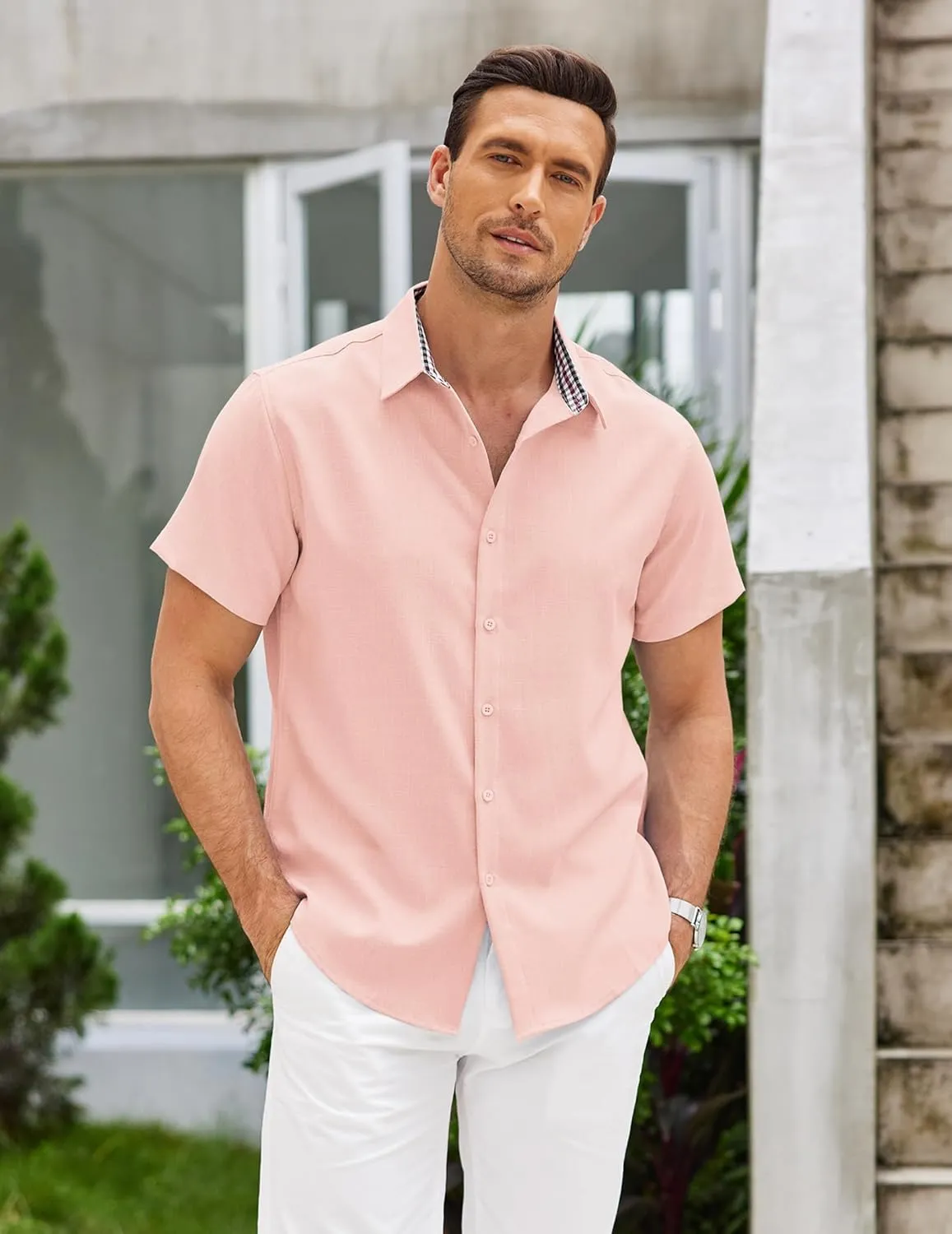 COOFANDY Mens Linen Shirt Short Sleeve Button Down Shirts Casual Plaid Collar Summer Beach Shirts