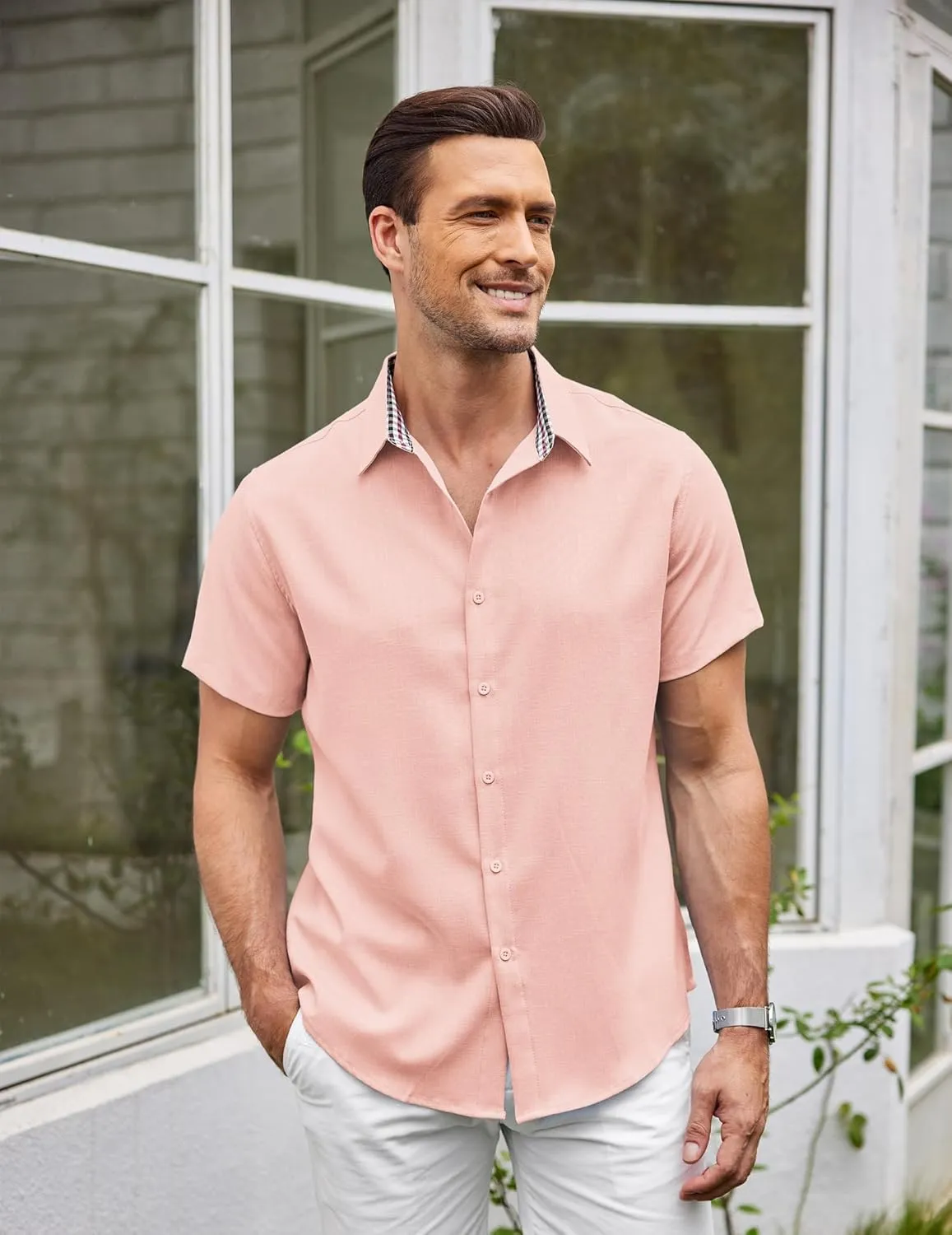 COOFANDY Mens Linen Shirt Short Sleeve Button Down Shirts Casual Plaid Collar Summer Beach Shirts