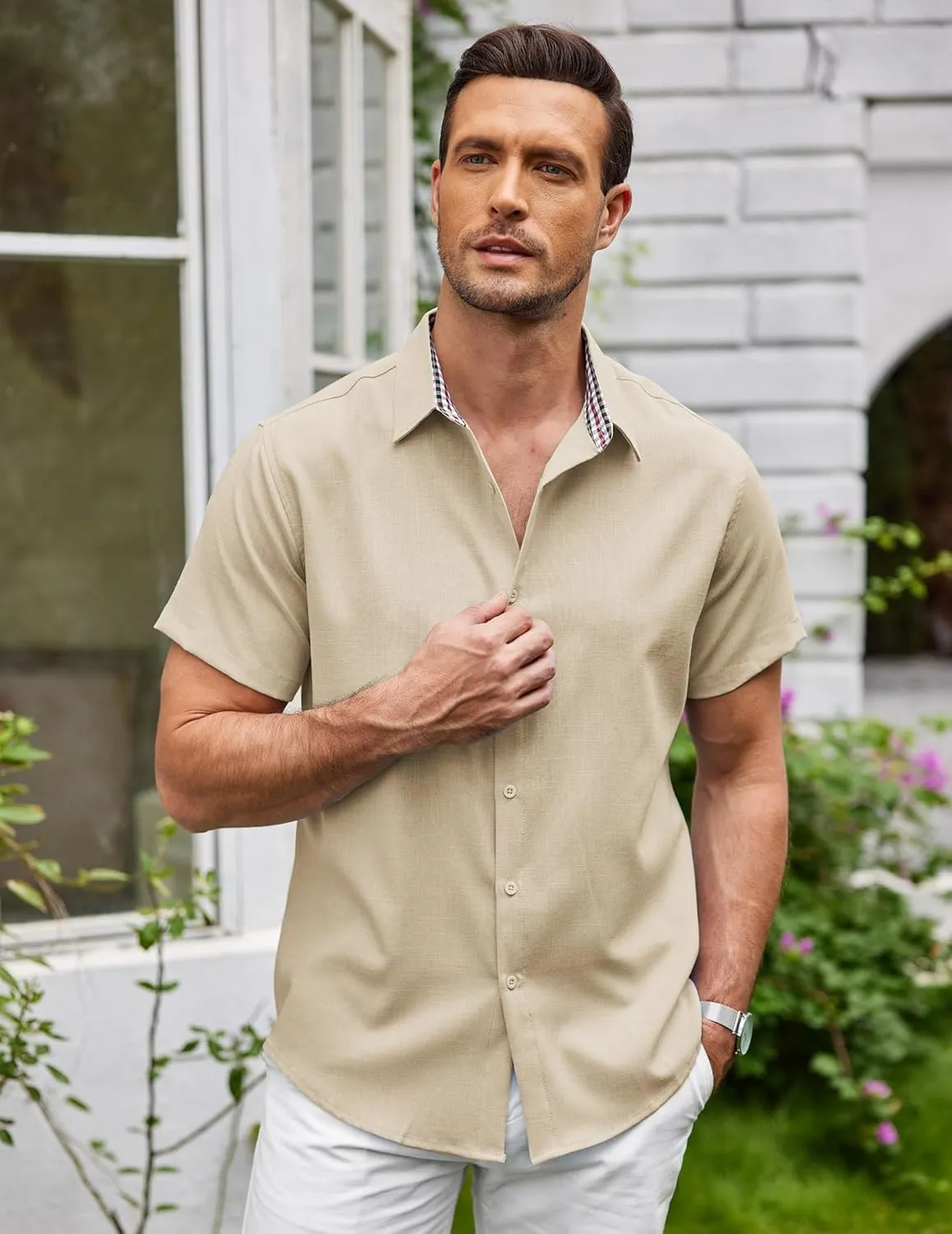COOFANDY Mens Linen Shirt Short Sleeve Button Down Shirts Casual Plaid Collar Summer Beach Shirts
