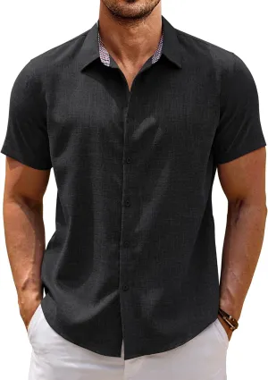 COOFANDY Mens Linen Shirt Short Sleeve Button Down Shirts Casual Plaid Collar Summer Beach Shirts