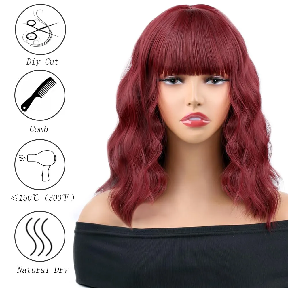 Cosplay Wigs for Women Red Bob Short Wavy Wig Shoulder Length Wine Red Bob Curly Wigs Women's Charming Synthetic Wigs (Burgundy)