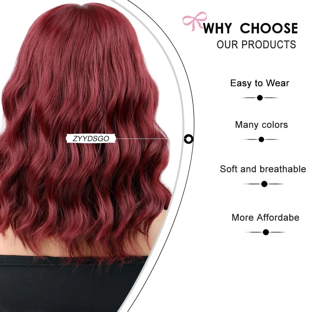 Cosplay Wigs for Women Red Bob Short Wavy Wig Shoulder Length Wine Red Bob Curly Wigs Women's Charming Synthetic Wigs (Burgundy)