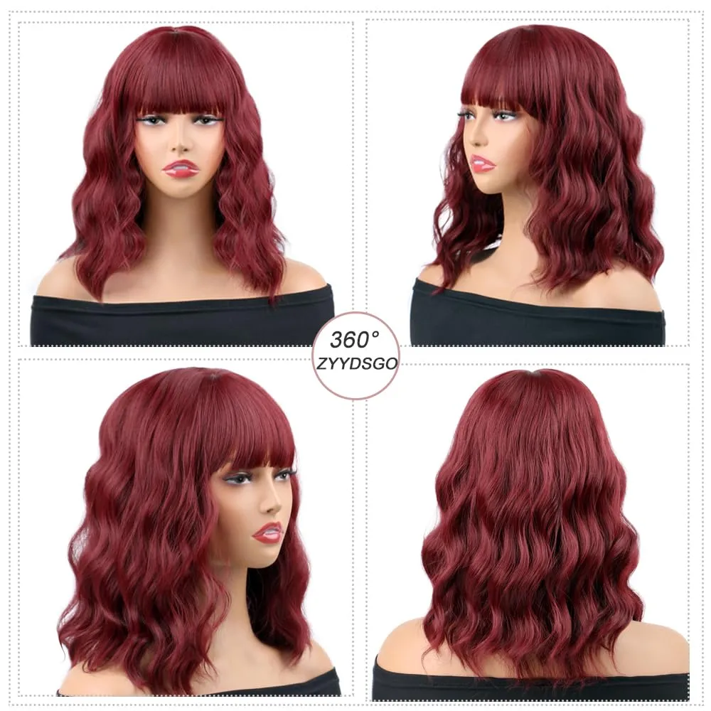 Cosplay Wigs for Women Red Bob Short Wavy Wig Shoulder Length Wine Red Bob Curly Wigs Women's Charming Synthetic Wigs (Burgundy)