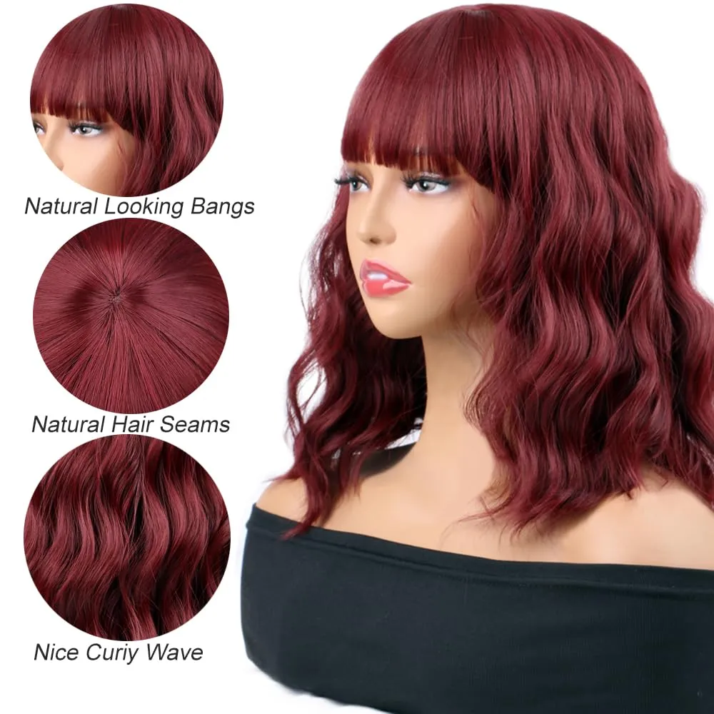 Cosplay Wigs for Women Red Bob Short Wavy Wig Shoulder Length Wine Red Bob Curly Wigs Women's Charming Synthetic Wigs (Burgundy)