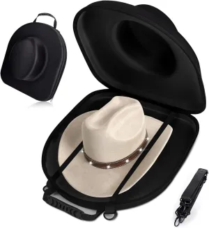 Cowboy Hat Travel Case - Crush Proof Hat Box for Cowboy, Panama & Fedora Hats, Hat Storage with Carrying Handle, Shoulder and Luggage Strap, Hat Organizer Gifts for Men & Women (Black)