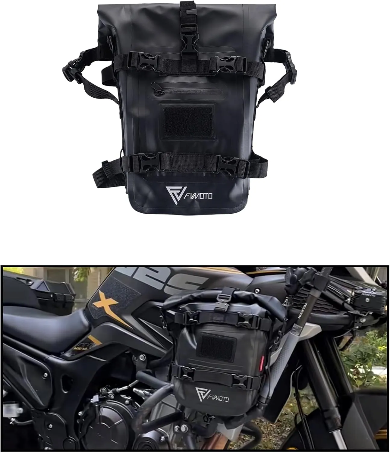 Crash Bar Bag, Motorcycle Bag, Black, 7-9L, Reflective Mark, PVC, Strap Mount, Adjustable, Buckle, Compatible with Bicycle, Motorcycle, ATV