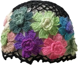Crochet Beanie Hat for Women Men Y2k Floral Boho Knitted Beanie Cotton Flower Patterned Slouchy Skull Cap Lace Head Wrap