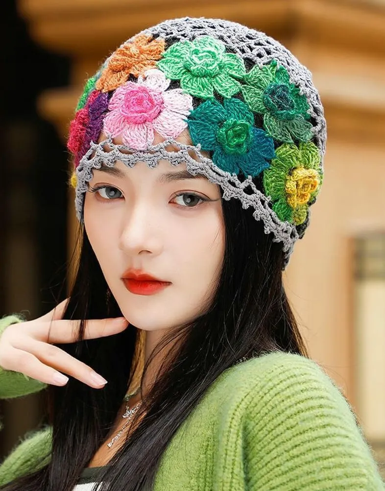 Crochet Beanie Hat for Women Men Y2k Floral Boho Knitted Beanie Cotton Flower Patterned Slouchy Skull Cap Lace Head Wrap